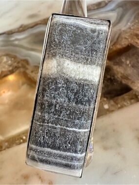 2519 Stunning Silver and Black Zebra Calcite Stone Statement Ring